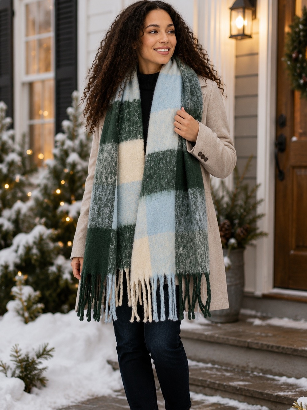 Brushed Plaid Checkered Wide Long Scarf in Green and Blue